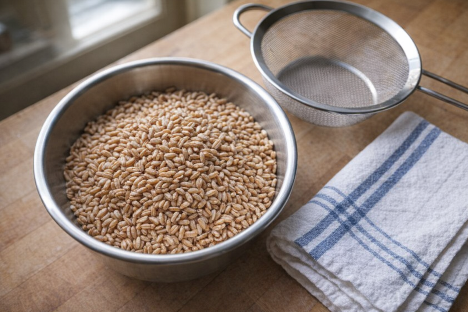 An overhead shot of raw farro in a stainless steel bowl, alongside a fine-mesh strainer and a neatly folded kitchen towel, natural light from a nearby window